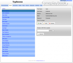 Here is a normal OnePlaybook's team's roster.  Notice on the right hand side, the second gray area reads "Choose a CSV file to upload."